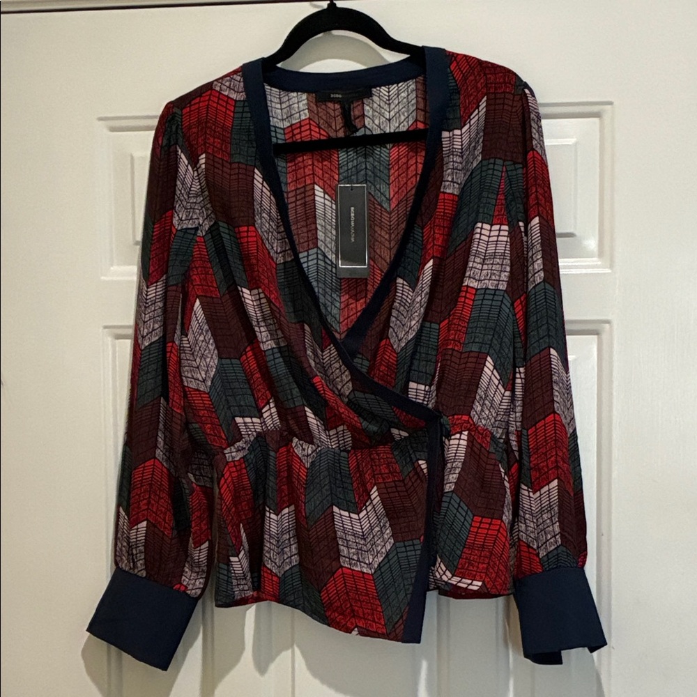 BCBG Geometric Patterned faux Wrap Top